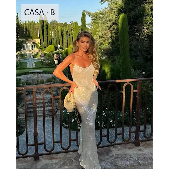 NEW💫CASA B| Lumière Pearl White Sequin Semi Sheer Maxi dress gown - Picture 2 of 9
